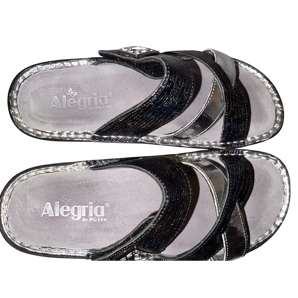 Alegria PG Lite Womens 7-7.5/37 Metallic Silver Black Slide Sandals Rocker Sole - Picture 9 of 10